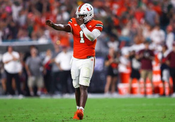 MIAMI GARDENS, FLORIDA - SEPTEMBER 27: Cam Ward #1 of the Miami Hurricanes celebrates a touchdown against the Virginia Tech Hokies during the fourth quarter of the game at Hard Rock Stadium on September 27, 2024 in Miami Gardens, Florida. (Photo by Megan Briggs/Getty Images)