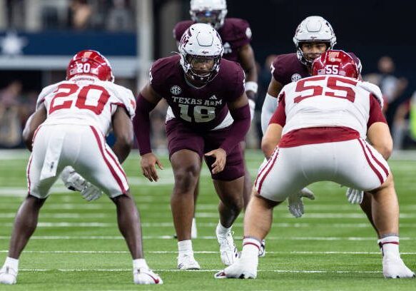 ARLINGTON, TX - SEPTEMBER 28: Texas A&amp;M Aggies linebacker Cashius Howell (#18) lines up before the snap during the college football game between the Arkansas Razorbacks and Texas A&amp;M Aggies on September 28, 2024, at AT&amp;T Stadium in Arlington, TX.  (Photo by Matthew Visinsky/Icon Sportswire via Getty Images)