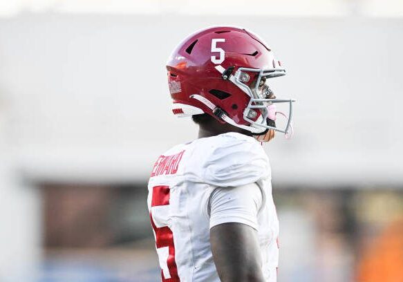 NASHVILLE, TENNESSEE - OCTOBER 5: Germie Bernard #5 of the Alabama Crimson Tide against the Vanderbilt Commodores in the first half at FirstBank Stadium on October 5, 2024 in Nashville, Tennessee. (Photo by Carly Mackler/Getty Images)