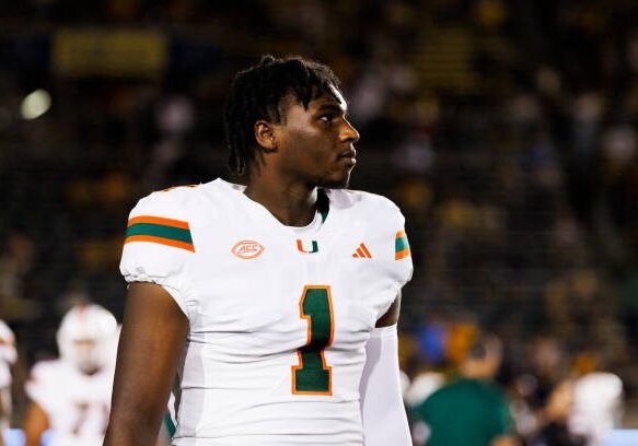 BERKELEY, CALIFORNIA - OCTOBER 5: Cam Ward #1 of the Miami Hurricanes on the sideline during the first half against California Golden Bears at California Memorial Stadium on October 5, 2024 in Berkeley, California. (Photo by Ric Tapia/Getty Images)