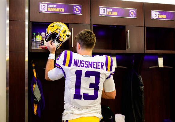 BATON ROUGE, LOUISIANA - OCTOBER 12: Quarterback Garrett Nussmeier #13 of the LSU Tigers pregame against the Ole Miss Rebels at Tiger Stadium on October 12, 2024 in Baton Rouge, Louisiana. (Photo by Gus Stark/LSU/Getty Images)