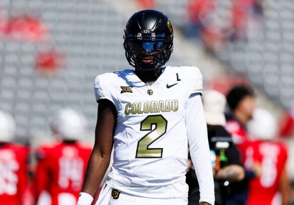 TUCSON, ARIZONA - OCTOBER 19: Shedeur Sanders #2 of the Colorado Buffaloes on the field before a game against Arizona Wildcats at Arizona Stadium on October 19, 2024 in Tucson, Arizona. (Photo by Ric Tapia/Getty Images)