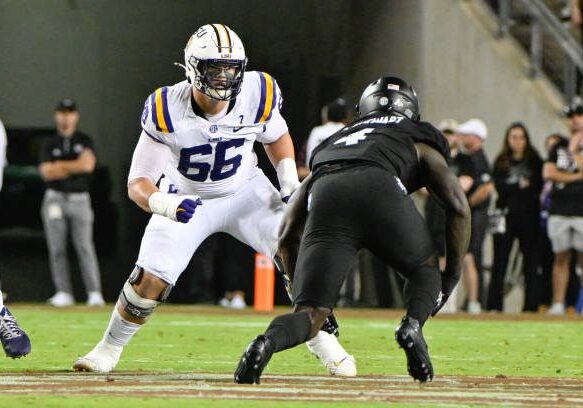 COLLEGE STATION, TX - OCTOBER 26: LSU Tigers offensive tackle Will Campbell (66) prepares to block Texas A&amp;M Aggies defensive lineman Shemar Stewart (4) during the football game between the LSU Tigers and Texas A&amp;M Aggies on October 26, 2024 at Kyle Field in College Station, Texas. (Photo by Ken Murray/Icon Sportswire via Getty Images)