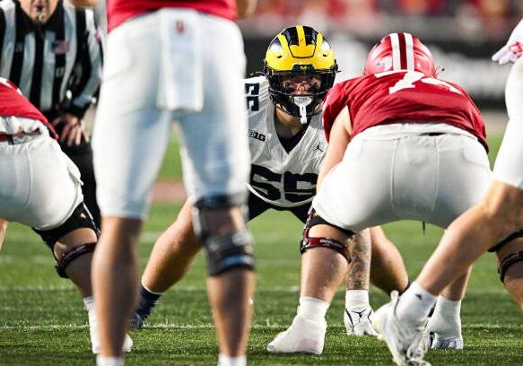 BLOOMINGTON, IN - NOVEMBER 09: Michigan Wolverines DL Mason Graham (55) during a college football game between the Michigan Wolverines and Indiana Hoosiers on November 9, 2024 at Memorial Stadium in Bloomington, IN (Photo by James Black/Icon Sportswire via Getty Images)