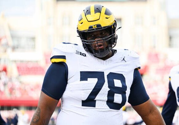 BLOOMINGTON, IN - NOVEMBER 09: Michigan Wolverines DL Kenneth Grant (78) warms up prior to a college football game between the Michigan Wolverines and Indiana Hoosiers on November 9, 2024 at Memorial Stadium in Bloomington, IN (Photo by James Black/Icon Sportswire via Getty Images)