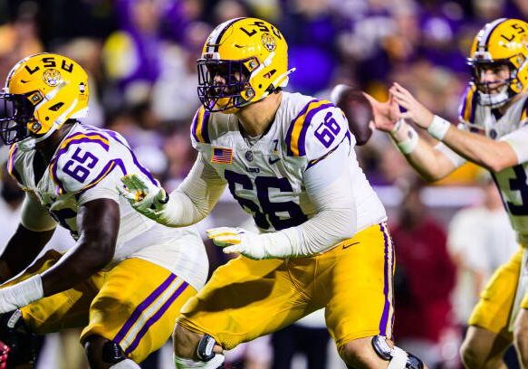 BATON ROUGE, LA - NOVEMBER 9: Will Campbell #66 of the LSU Tigers in action against the Alabama Crimson Tide at Tiger Stadium on November 9, 2024 in Baton Rouge, Louisiana. (Photo by Gus Stark/LSU/University Images via Getty Images)