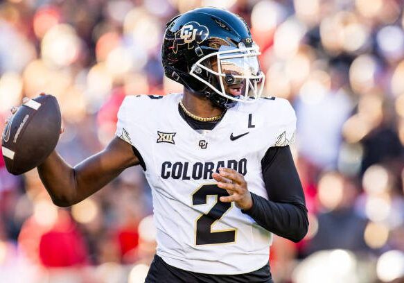 LUBBOCK, TEXAS - NOVEMBER 09: Shedeur Sanders #2 of the Colorado Buffaloes passes the ball during the first half of the game against the Texas Tech Red Raiders at Jones AT&amp;T Stadium on November 09, 2024 in Lubbock, Texas. (Photo by John E. Moore III/Getty Images)