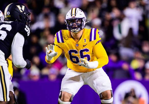 BATON ROUGE, LA - NOVEMBER 23: Will Campbell #66 of the LSU Tigers in action against the Vanderbilt Commodores on November 23, 2024 at Tiger Stadium in Baton Rouge, Louisiana. (Photo by Gus Stark/LSU/University Images via Getty Images)