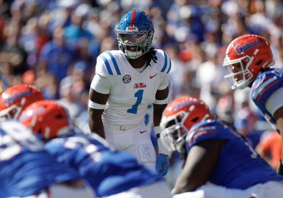 GAINESVILLE, FL - NOVEMBER 23: Mississippi Rebels defensive end Princely Umanmielen (1) lines up for a play during the game between the Florida Gators and the Mississippi Rebels on November 23, 2024 at Ben Hill Griffin Stadium at Florida Field in Gainesville, Fl. (Photo by David Rosenblum/Icon Sportswire via Getty Images)