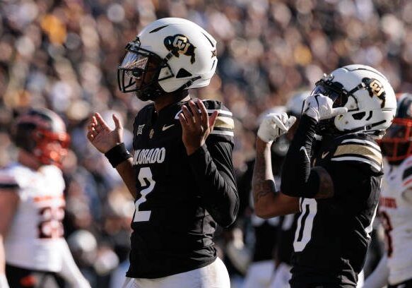 BOULDER, COLORADO - NOVEMBER 29: Shedeur Sanders #2 of the Colorado Buffaloes reacts to a play during the third quarter against the Oklahoma State Cowboys at Folsom Field on November 29, 2024 in Boulder, Colorado. (Photo by Andrew Wevers/Getty Images)