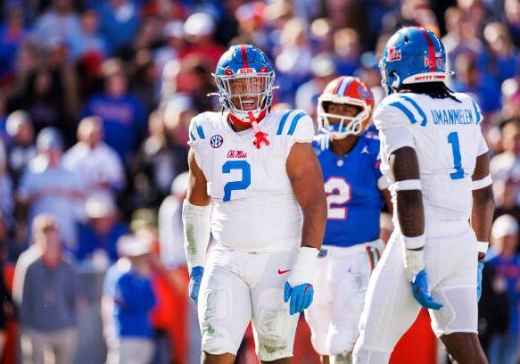 GAINESVILLE, FLORIDA - NOVEMBER 23: Walter Nolen #2 of the Mississippi Rebels reacts during the first half of a game against the Florida Gators at Ben Hill Griffin Stadium on November 23, 2024 in Gainesville, Florida. (Photo by James Gilbert/Getty Images)