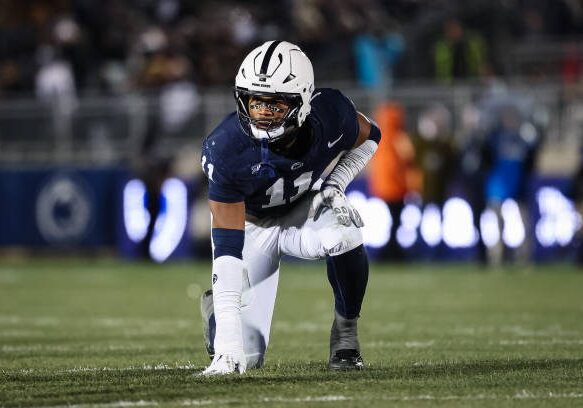 STATE COLLEGE, PA - NOVEMBER 30: Abdul Carter #11 of the Penn State Nittany Lions lines up against the Maryland Terrapins during the second half at Beaver Stadium on November 30, 2024 in State College, Pennsylvania. (Photo by Scott Taetsch/Getty Images)