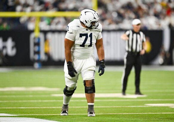 INDIANAPOLIS, IN - DECEMBER 07: Penn State Nittany Lions OL Olaivavega Ioane (71) lines up at wide receiver during the Big Ten Championship football game between the Penn State Nittany Lions and the Oregon Ducks on December 7, 2024 at Lucas Oil Stadium in Indianapolis, IN (Photo by James Black/Icon Sportswire via Getty Images)