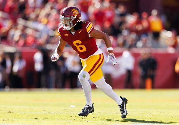 LOS ANGELES, CALIFORNIA - NOVEMBER 16: Makai Lemon #6 of the USC Trojans runs a route during the first half against Nebraska Cornhuskers at United Airlines Field at the Los Angeles Memorial Coliseum on November 16, 2024 in Los Angeles, California. (Photo by Ric Tapia/Getty Images)