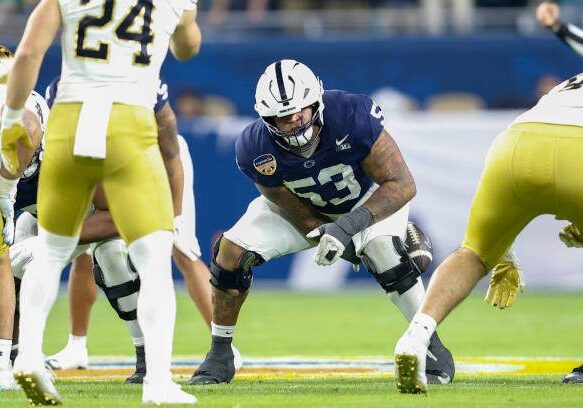 MIAMI GARDENS, FL - JANUARY 09: Offensive Lineman Nick Dawkins #53 of the Penn State Nittany Lions looks on during the game between the Penn State Nittany Lions versus Notre Dame Fighting Irish College Football Playoff Semifinal at the Capital One Orange Bowl on January 9, 2025, at Hard Rock Stadium in Miami Gardens, FL. (Photo by Chris Arjoon/Icon Sportswire via Getty Images)