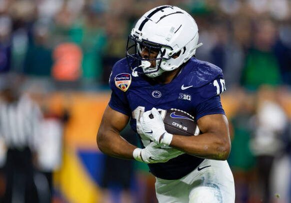 MIAMI GARDENS, FL - JANUARY 09: Running Back Nicholas Singleton #10 of the Penn State Nittany Lions runs with the ball for a touchdown during the Penn State Nittany Lions versus the Notre Dame Fighting Irish College Football Playoff Semifinal at the Orange Bowl on January 9, 2025 at Hard Rock Stadium in Miami Gardens, Fl. (Photo by David Rosenblum/Icon Sportswire via Getty Images)