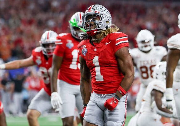 ARLINGTON, TX - JANUARY 10: Running Back Quinshon Judkins #1 of the Ohio State Buckeyes screams after scoring a touchdown during the Ohio State Buckeyes versus Texas Longhorns College Football Playoff Semifinal at the Cotton Bowl Classic on January 10, 2025, at AT&amp;T Stadium in Arlington, TX. (Photo by David Buono/Icon Sportswire via Getty Images)