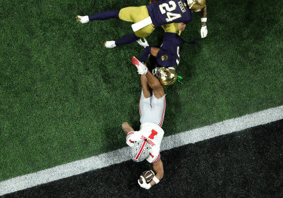 ATLANTA, GEORGIA - JANUARY 20: Quinshon Judkins #1 of the Ohio State Buckeyes scores a touchdown against the Notre Dame Fighting Irish during the second quarter in the 2025 CFP National Championship at the Mercedes-Benz Stadium on January 20, 2025 in Atlanta, Georgia. (Photo by Alex Slitz/Getty Images)