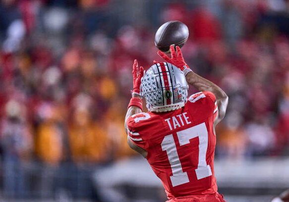 COLUMBUS, OHIO - DECEMBER 21: Ohio State Buckeyes wide receiver Carnell Tate (17) catches the football in action during the College Football Playoff First Round game between the Tennessee Volunteers and the Ohio State Buckeyes at Ohio Stadium on December 21, 2024 in Columbus, Ohio. (Photo by Robin Alam/ISI Photos/Getty Images)