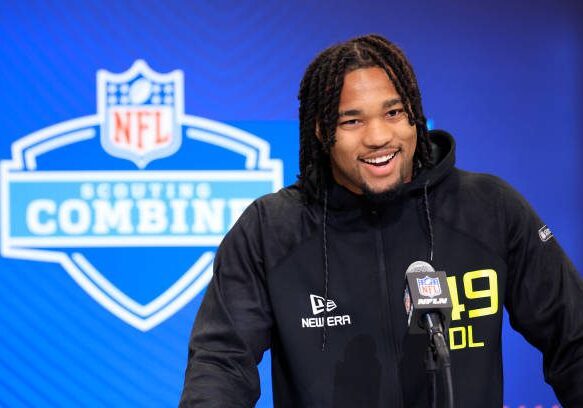 INDIANAPOLIS, INDIANA - FEBRUARY 26: Mike Green #DL49 of Marshall speaks to the media during the 2025 NFL Combine at the Indiana Convention Center on February 26, 2025 in Indianapolis, Indiana. (Photo by Justin Casterline/Getty Images)