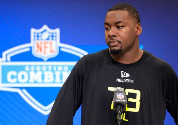 INDIANAPOLIS, INDIANA - FEBRUARY 26: Mykel Williams #DL73 of Georgia speaks to the media during the 2025 NFL Combine at the Indiana Convention Center on February 26, 2025 in Indianapolis, Indiana. (Photo by Justin Casterline/Getty Images)