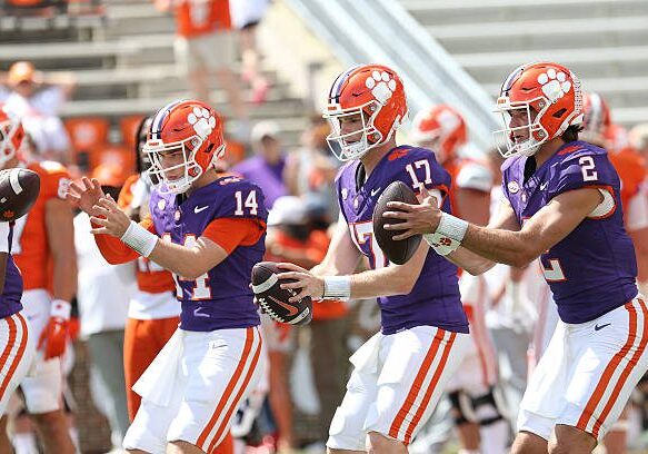 gettyimages-2208488133-612x612 CLEMSON, SC - APRIL 05: Clemson Tigers quarterback Trent Pearman (14), quarterback Christopher Vizzina (17) and quarterback Cade Klubnik (2) during the Clemson Tigers college Orange and White spring football game on April 5, 2025 at Clemson Memorial Stadium in Clemson, S.C. (Photo by John Byrum/Icon Sportswire via Getty Images)