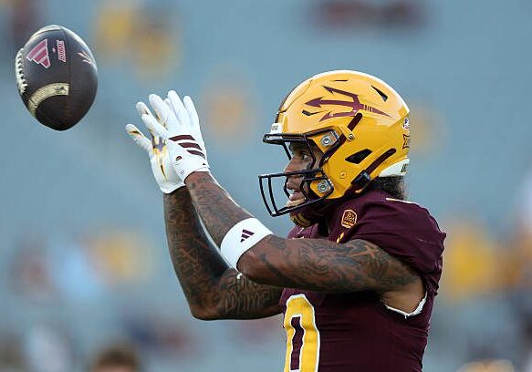 TEMPE, ARIZONA - AUGUST 30: Wide receiver Jordyn Tyson #0 of the Arizona State Sun Devils warms up before the game against the Northern Arizona Lumberjacks at Mountain America Stadium on August 30, 2025 in Tempe, Arizona. (Photo by Chris Coduto/Getty Images)