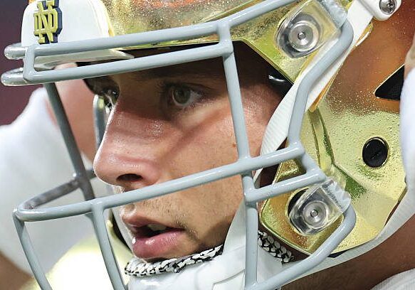 MIAMI GARDENS, FLORIDA - AUGUST 31:  CJ Carr #13 of the Notre Dame Fighting Irish warms up prior to facing the Miami Hurricanes at Hard Rock Stadium on August 31, 2025 in Miami Gardens, Florida. (Photo by Carmen Mandato/Getty Images)