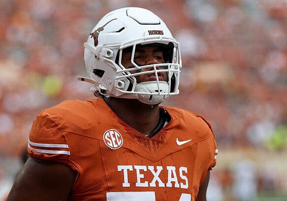 AUSTIN, TX - SEPTEMBER 06: Offensive Lineman Trevor Goosby #74 of the Texas Longhorns on the field for warmups before the college football game between Texas Longhorns and San Jose State Spartans on September 6, 2025, at Darrell K Royal - Texas Memorial Stadium in Austin, TX. (Photo by David Buono/Icon Sportswire via Getty Images)