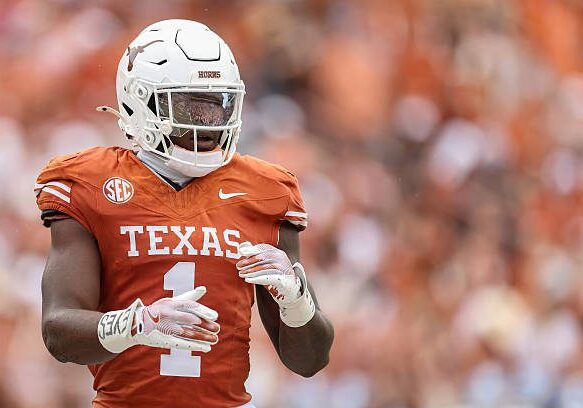 AUSTIN, TEXAS - SEPTEMBER 06: Colin Simmons #1 of the Texas Longhorns reacts in the first half against the San Jose State Spartans at Darrell K Royal-Texas Memorial Stadium on September 06, 2025 in Austin, Texas. (Photo by Tim Warner/Getty Images)