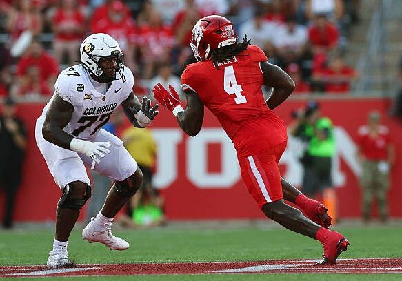HOUSTON, TEXAS - SEPTEMBER 12: Jordan Seaton #77 of the Colorado Buffaloes blocks Brandon Mack II #4 of the Houston Cougars during the first half at TDECU Stadium on September 12, 2025 in Houston, Texas. (Photo by Aaron M. Sprecher/Getty Images)