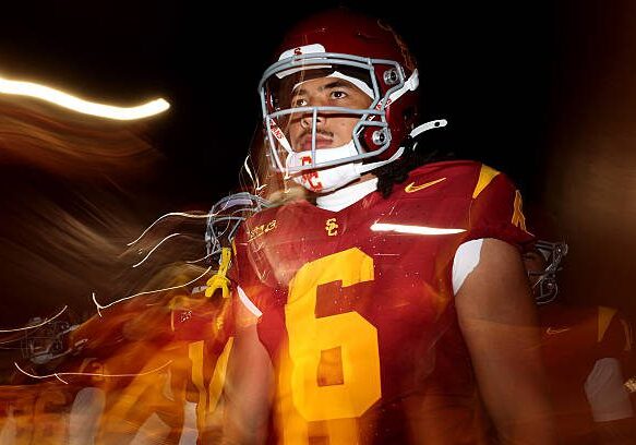 LOS ANGELES, CALIFORNIA - SEPTEMBER 20: Makai Lemon #6 of the USC Trojans walks out of the tunnel before the game against the Michigan State Spartans at Los Angeles Memorial Coliseum on September 20, 2025 in Los Angeles, California. (Photo by Luke Hales/Getty Images)