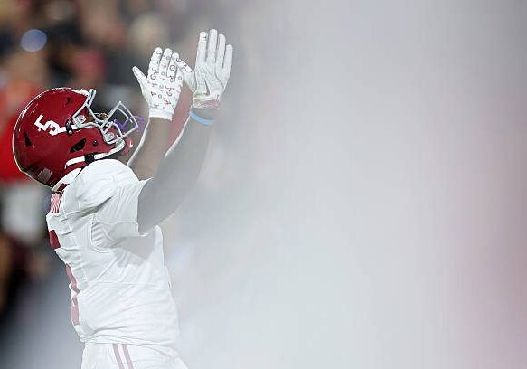ATHENS, GEORGIA - SEPTEMBER 27: Germie Bernard #5 of the Alabama Crimson Tide celebrates after scoring a touchdown during the first quarter against the Georgia Bulldogs at Sanford Stadium on September 27, 2025 in Athens, Georgia. (Photo by Kevin C. Cox/Getty Images)