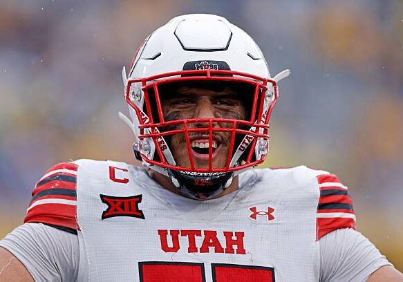 MORGANTOWN, WV - SEPTEMBER 27: Spencer Fano #55 of the Utah Utes reacts during a college football game against the West Virginia Mountaineers on September 27, 2025 at Mountaineer Field at Milan Puskar Stadium in Morgantown, West Virginia. (Photo by Joe Robbins/Icon Sportswire via Getty Images)