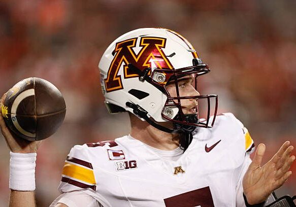 COLUMBUS, OH - OCTOBER 04: Minnesota Golden Gophers quarterback Drake Lindsey (5) warms up on the sideline during the game against the Minnesota Golden Gophers and the Ohio State Buckeyes on October 4, 2025, at Ohio Stadium in Columbus, OH. (Photo by Ian Johnson/Icon Sportswire via Getty Images)