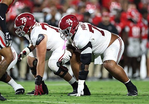 ATHENS, GEORGIA - SEPTEMBER 27:  Kadyn Proctor #74 of the Alabama Crimson Tide lines up against the Georgia Bulldogs during the second quarter at Sanford Stadium on September 27, 2025 in Athens, Georgia. (Photo by Kevin C. Cox/Getty Images)