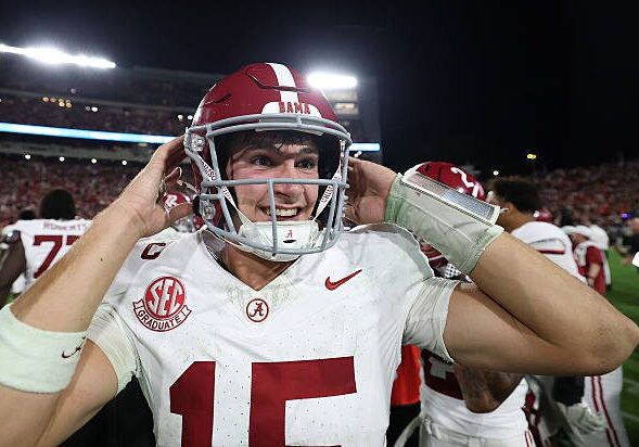 ATHENS, GEORGIA - SEPTEMBER 27:  Ty Simpson #15 of the Alabama Crimson Tide celebrates after beating the Georgia Bulldogs 24-21 at Sanford Stadium on September 27, 2025 in Athens, Georgia. (Photo by Kevin C. Cox/Getty Images)