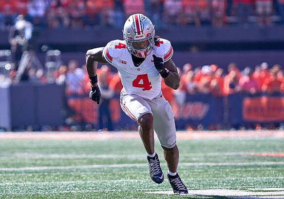 CHAMPAIGN, ILLINOIS - OCTOBER 11: Wide Receiver Jeremiah Smith #4 of the Ohio State Buckeyes runs in action during a game between the Illinois Fighting Illini and the Ohio State Buckeyes at Memorial Stadium on October 11, 2025 in Champaign, Illinois. (Photo by Robin Alam/ISI Photos/ISI Photos via Getty Images)