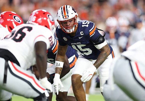 AUBURN, ALABAMA - OCTOBER 11:  Keldric Faulk #15 of the Auburn Tigers lines up against the Georgia Bulldogs during the second quarter at Jordan-Hare Stadium on October 11, 2025 in Auburn, Alabama. (Photo by Kevin C. Cox/Getty Images)