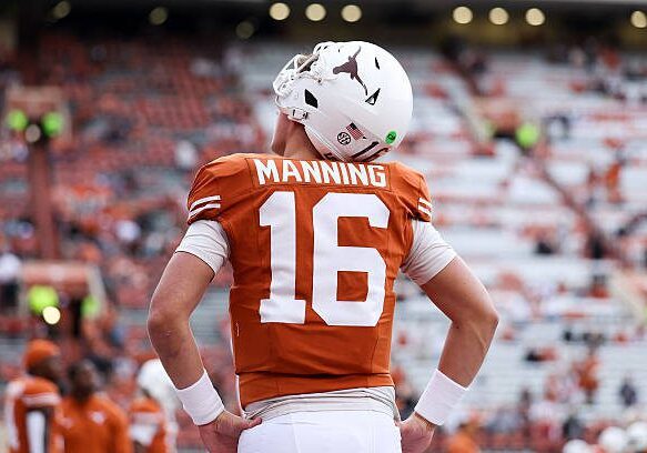 AUSTIN, TEXAS - NOVEMBER 01: Arch Manning #16 of the Texas Longhorns warms up prior to the game against the Vanderbilt Commodores at Darrell K Royal-Texas Memorial Stadium on November 01, 2025 in Austin, Texas. (Photo by Kenneth Richmond/Getty Images)