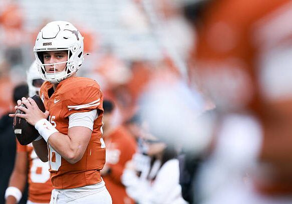 AUSTIN, TEXAS - NOVEMBER 01: Arch Manning #16 of the Texas Longhorns warms up prior to the game against the Vanderbilt Commodores at Darrell K Royal-Texas Memorial Stadium on November 01, 2025 in Austin, Texas. (Photo by Kenneth Richmond/Getty Images)