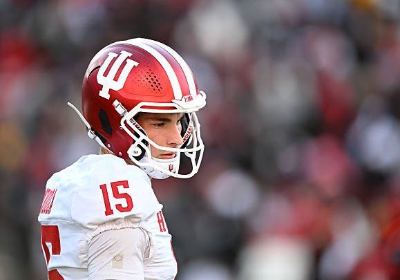 COLLEGE PARK, MARYLAND - NOVEMBER 01: Fernando Mendoza #15 of the Indiana Hoosiers walks down the field during the game against the Maryland Terrapins at SECU Stadium on November 01, 2025 in College Park, Maryland.  (Photo by G Fiume/Getty Images)
