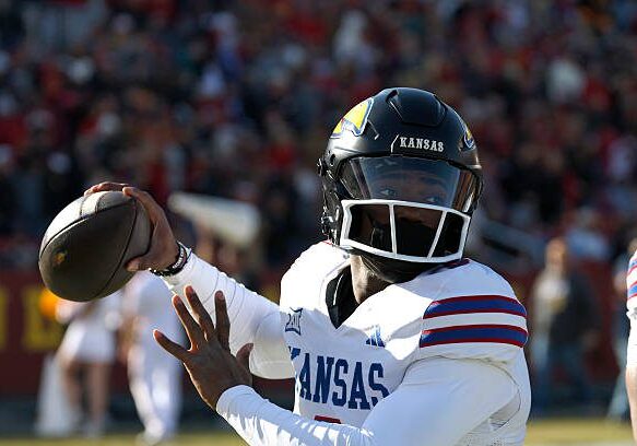 AMES, IA - NOVEMBER 22: Quarterback Jalon Daniels #6 of the Kansas Jayhawks threw the ball during pregame warmups at Jack Trice Stadium on November 22, 2025, in Ames, Iowa. (Photo by David K Purdy/Getty Images)