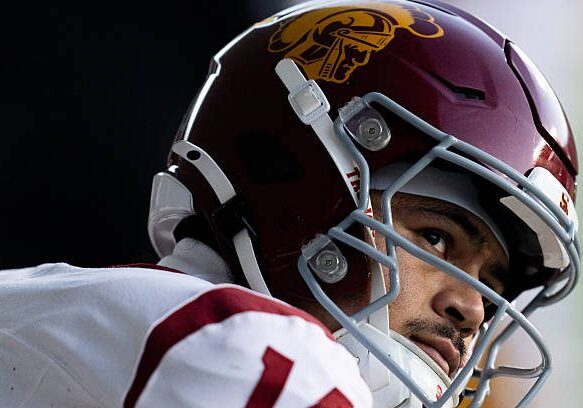 EUGENE, OREGON - NOVEMBER 22: Jayden Maiava #14 of the USC Trojans looks up towards the scoreboard during the second half of the game against the Oregon Ducks at Autzen Stadium on November 22, 2025 in Eugene, Oregon. (Photo by Ali Gradischer/Getty Images)