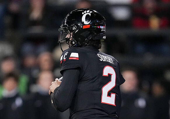 CINCINNATI, OHIO - NOVEMBER 22: Brendan Sorsby #2 of the Cincinnati Bearcats drops back to pass during the first quarter against the BYU Cougars at Nippert Stadium on November 22, 2025 in Cincinnati, Ohio. (Photo by Dylan Buell/Getty Images)