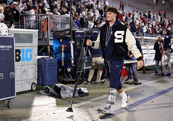 STATE COLLEGE, PA - NOVEMBER 22: Drew Allar #15 of the Penn State Nittany Lions walks the sideline after the game against the Nebraska Cornhuskers at West Shore Home Field at Beaver Stadium on November 22, 2025 in State College, Pennsylvania. (Photo by Scott Taetsch/Getty Images)