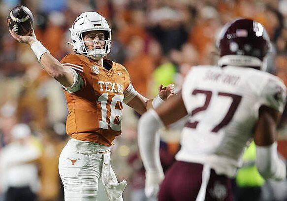 AUSTIN, TEXAS - NOVEMBER 28: Arch Manning #16 of the Texas Longhorns throws a pass against the Texas A&amp;M Aggies during the third quarter at Darrell K Royal-Texas Memorial Stadium on November 28, 2025 in Austin, Texas. (Photo by Alex Slitz/Getty Images)
