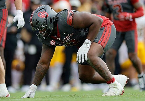NORMAN, OKLAHOMA - NOVEMBER 22:  Defensive tackle David Stone #0 of the Oklahoma Sooners prepares to rush against the Missouri Tigers in the fourth quarter at Gaylord Family Oklahoma Memorial Stadium on November 22, 2025 in Norman, Oklahoma.  Oklahoma won 17-6.  (Photo by Brian Bahr/Getty Images)