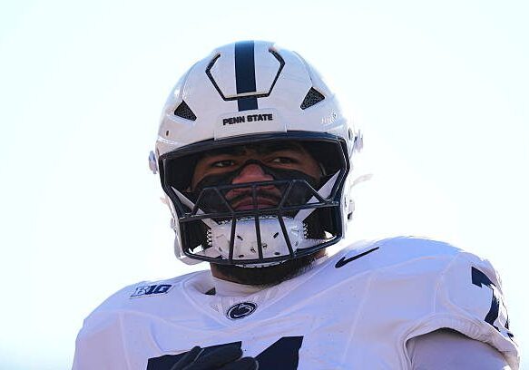 PISCATAWAY, NEW JERSEY - NOVEMBER 29: Olaivavega Ioane #71 of the Penn State Nittany Lions looks on against the Rutgers Scarlet Knights at SHI Stadium on November 29, 2025 in Piscataway, New Jersey. The Penn State Nittany Lions defeated the Rutgers Scarlet Knights 40-36. (Photo by Mitchell Leff/Getty Images)