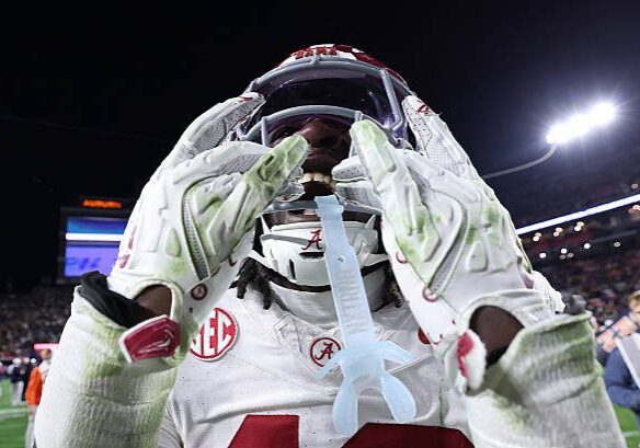 AUBURN, ALABAMA - NOVEMBER 29:  Yhonzae Pierre #42 of the Alabama Crimson Tide reacts after their 27-20 win over the Auburn Tigers at Jordan-Hare Stadium on November 29, 2025 in Auburn, Alabama. (Photo by Kevin C. Cox/Getty Images)